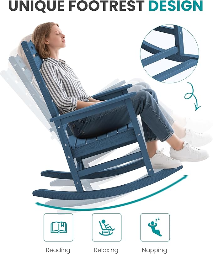 SERWALL Oversized Outdoor Rocking Chair, HDPE Patio Rocking Chair with Footrest for Adults, All Weather Porch Rocker for Deck Patio Balcony, Navy SERWALL