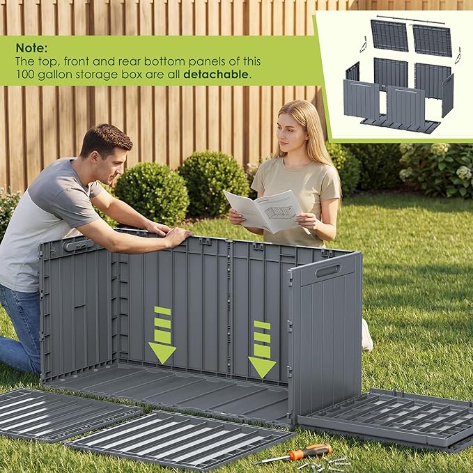 Devoko 100 Gallon Outdoor Storage Box, Waterproof Resin Deck Box for Patio Furniture, Lockable Container for Garden Cushions & Pool Supplies (Gray, 100 Gallon) DEVOKO