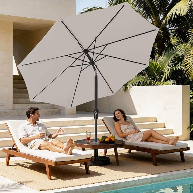MEWAY 9ft Patio Umbrella Outdoor Table Umbrellas with Push Button Tilt and Crank, Market Umbrella 8 Sturdy Ribs for Deck, Garden, Pool and Backyard, Fog Gray MEWAY