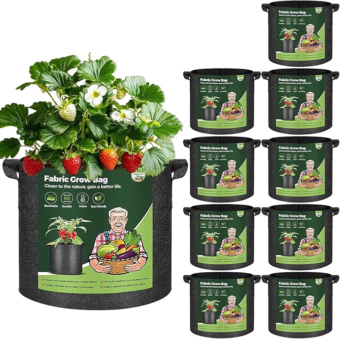 T4U 5 Gallon Grow Bags, Upgrade Grow Bags with Handles, Heavy Duty Thickened Nonwoven Fabric Pots, 5 Gallon Pots for Plants, Strawberry, Cherry Tomatoes (10 Pack) T4U