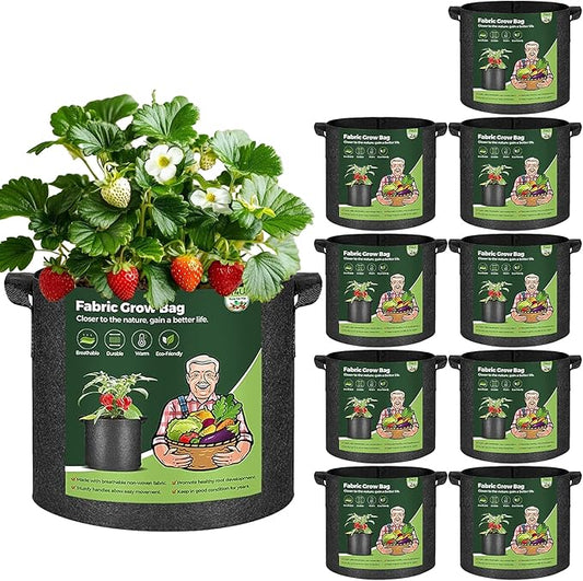 T4U 5 Gallon Grow Bags, Upgrade Grow Bags with Handles, Heavy Duty Thickened Nonwoven Fabric Pots, 5 Gallon Pots for Plants, Strawberry, Cherry Tomatoes (10 Pack) T4U