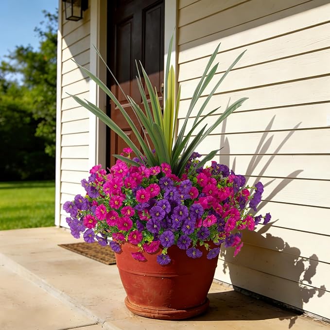 Artificial Flowers for Outdoors Fake Plants Outside, 12 Bundles Silk Morning Glory with Eucalyptus + Orchid Leaf UV Resistant Realistic Faux Flowers for Porch Planter Garden Patio (Purple Fuchsia) INXUGAOArtificialFlowers