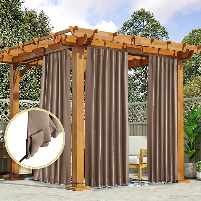 NICETOWN 2 Panels Blackout Patio Waterproof Outdoor Curtains, Top & Bottom Pocket & Back Tab Wind-Break Thermal Drapes Privacy Sound Reducing for Pergola with Fixed Ropes, W52 x L84, Tan-Khaki NICETOWN