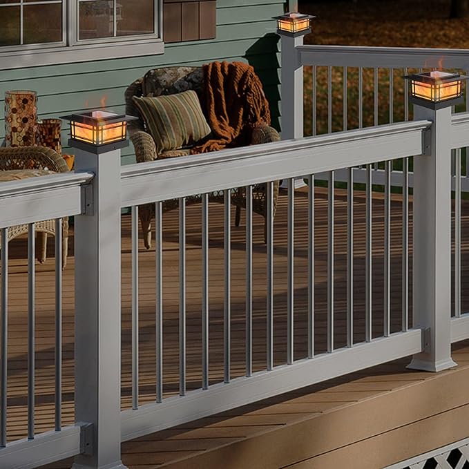 Dynaming 4 Pack Solar Post Cap Lights Outdoor with Flickering Flame Light, Fence Post Solar Lights Fit for 4x4 5x5 6x6 Vinyl/Wooden Posts, High Brightness SMD LED Lighting Decor for Garden Deck Patio Dynaming