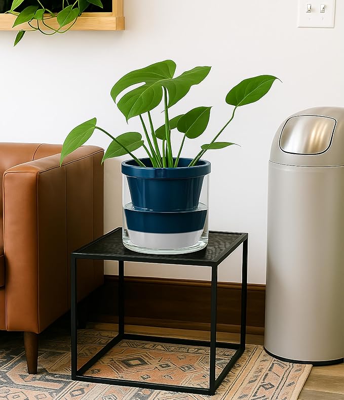 D'vine Dev 8 Inch Design Self Watering Planter for Indoor Plants, Blue Terracotta Pot with Cylinder Glass Cup, 37-X-C-4 DvineDevPlanterPotsandStand