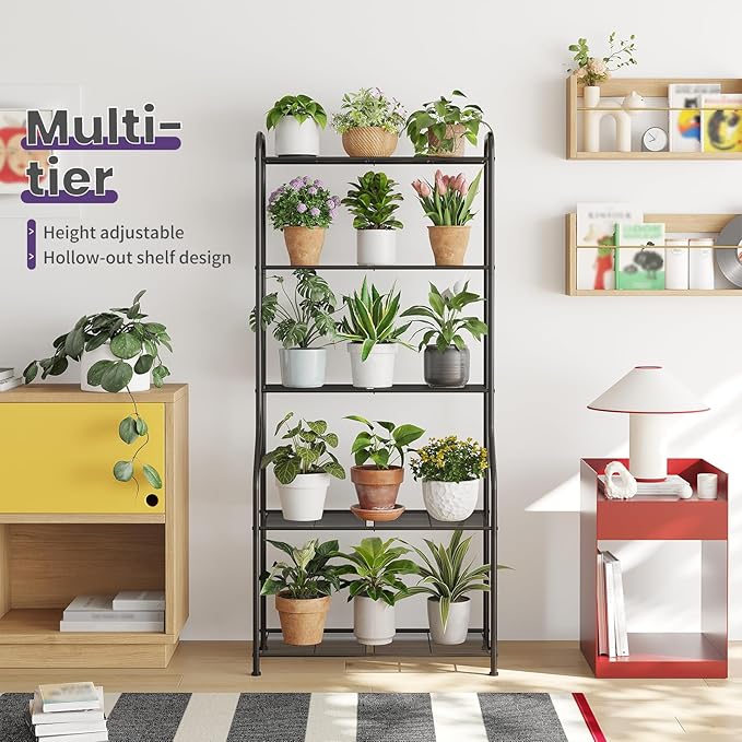 5-Tier Corner Plant Stand, Metal Black Flower Pot Rack, Indoor Outdoor Heavy Duty Shelf (Black, 5 Tier) Rootora