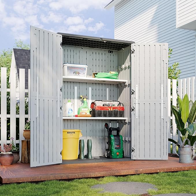 Aoxun White Resin Outdoor Storage Shed with 2 Shelves & Floor, 64 Cu.Ft Vertical Waterproof Cabinet for Garage, Pool, Bike, Garden Tools, Patio Furniture Aoxun