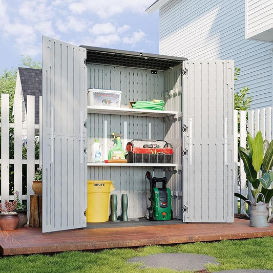 Aoxun White Resin Outdoor Storage Shed with 2 Shelves & Floor, 64 Cu.Ft Vertical Waterproof Cabinet for Garage, Pool, Bike, Garden Tools, Patio Furniture Aoxun