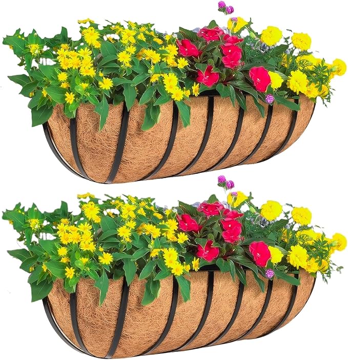 4 Pack 16" Railing Planter Window Box with Coco Fiber Liner Horse Trough Planter The Railing Planters Boxes for Deck Porch Fence Outdoor Rootora