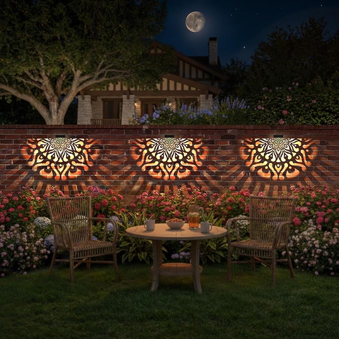 6 Pack Solar Fence Lights Outdoor Wall Lights Plastic Solar Powered Deck Step Stair Lights Mandala Theme Waterproof Fence Solar Light for Garden Post Patio Yard Decor, Gardening Gifts for Women Mom EKQ