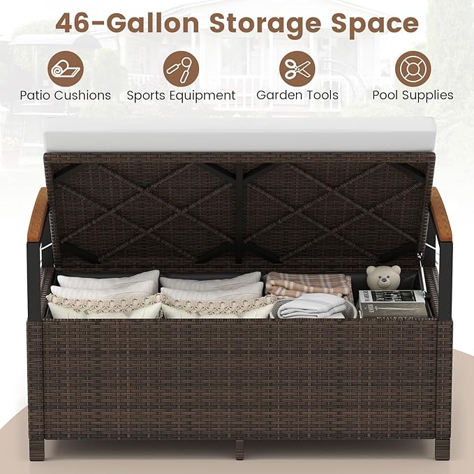 RELAX4LIFE Wicker Outdoor Storage Bench - Rattan Deck Box w/Protective Liner for Patio Furniture Pillows, Pool Supplies & Garden Tools, Porch Loveseat with Seat Cushion, Acacia Wood Armrests RELAX4LIFE