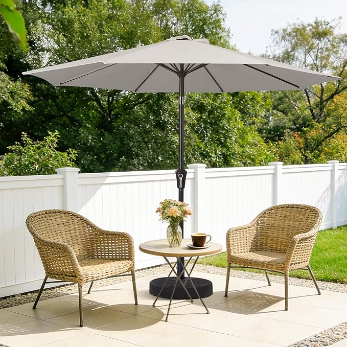 MEWAY 9ft Patio Umbrella Outdoor Table Umbrellas with Push Button Tilt and Crank, Market Umbrella 8 Sturdy Ribs for Deck, Garden, Pool and Backyard, Fog Gray MEWAY