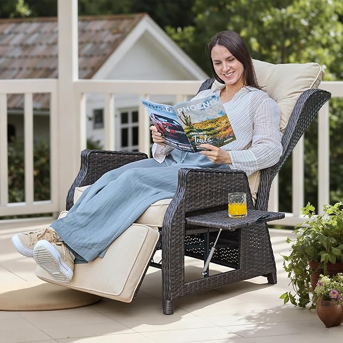 Outdoor Indoor Wicker Recliner with Adjustable Back and Footrest, Patio Reclining Chair with Flip-up Table, Outdoor Rattan Lounge Chair, Beige 2PCS COMLAXFIELD