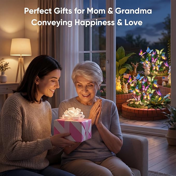 Solar Lights Outdoor Garden Decor: 2 Pack 34 Silk Butterflies with 44 Color-Changing LEDs - Auto On/Off 12H Magical Lighting IP65 Waterproof for Yard Patio Pathway - Unique Gifts for Mom Grandma NFEVER