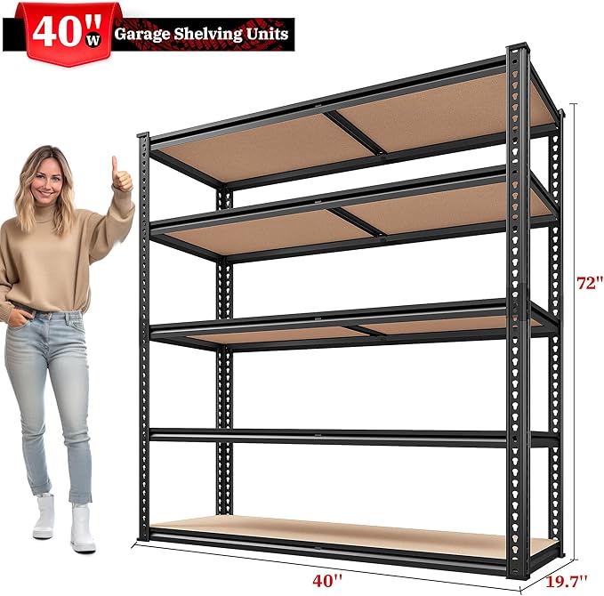 REIBII 40" W Garage Shelving 2500LBS Storage Shelves 72" H Metal Shelving 5 Tier Metal Shelves Adjustable Pantry Shelf for Garage Closet Kitchen Basement 40" W x 19.7''D x 72''H REIBII