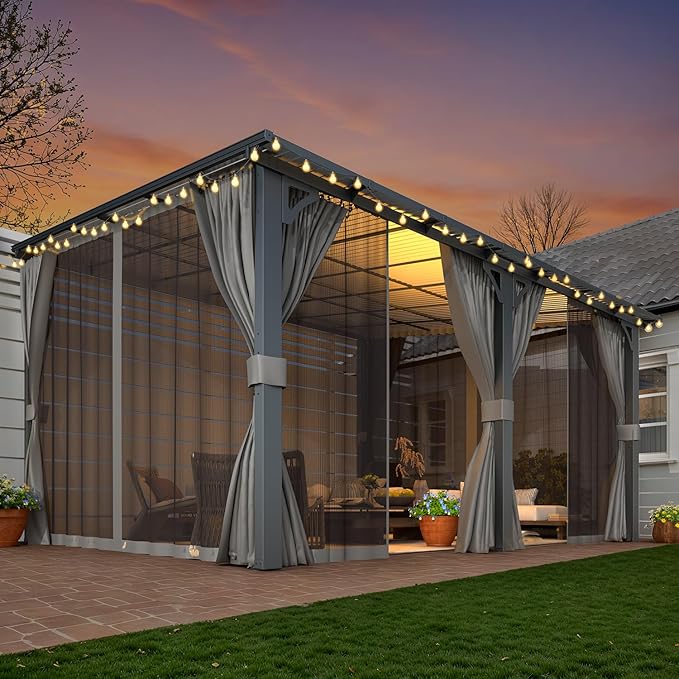 AECOJOY 14' x 12' Gazebo Outdoor Pergola with Curtains and Netting for Patio, Large Wall-Mounted Hardtop 12x14 Lean to Metal Heavy Duty Gazebo, Pergolas and Gazebos Clearance with Patio Roof Awnings AECOJOY
