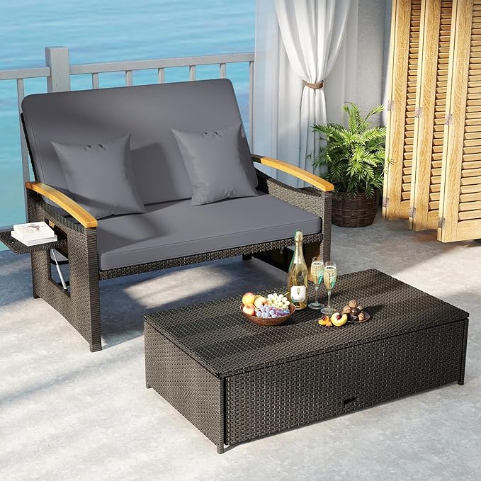 Tangkula Patio Rattan Daybed with 4-Level Adjustable Backrest, Outdoor Wicker Loveseat with Acacia Wood Armrest, Storage Ottoman & Folding Tray, Double Sunbed for Lawn Yard & Poolside, Grey & Brown TANGKULA