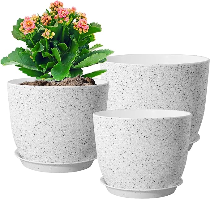 Large Flower Pots 12/10/9 inch, Set of 3 Modern Decorative Plastic Planters with Drainage Holes and Saucers for Garden House Plants, Plant Pots for Indoor Outdoor Plants, Speckled White WSMKSZ