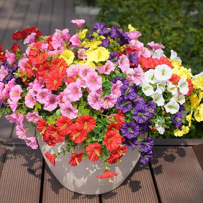 Artificial Flowers for Outdoors, UV Resistant Fake Silk Morning Glory, Realistic Faux Plants for Outside Porch Patio Window Box Hanging Planter (12, Purple White Yellow Pink Red) maxkes