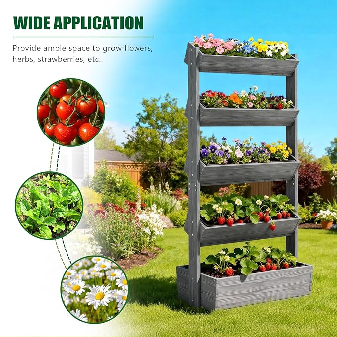 Wooden Vertical Raised Garden Bed, 5 Tier Garden Planters Raised Beds Freestanding Plant Stand Flower Rack Wooden Planter Box for Plants Herbs Flowers Vegetables Outdoor Indoor Gardening UrGROWA