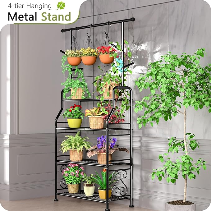 GIOTORENT Plant Stand Indoor Outdoor, 4-Tier Heavy Duty Metal Shelves, Display up to 17 Multiple Plants, Tall Plant Holder with Plant Hanger, Suit for Patio Living Room Garden Balcony, 5 Hooks, Black GIOTORENT