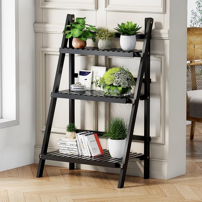 39.4" Foldable Plant Shelf Ladder Shelf, 3 Tier Bamboo Ladder Flower Pot Display Shelf, Freestanding Ladder Bookshelf for Garden, Balcony, Yard, Living Room, 23.6" W x 15" D x 39.4" H, Black OAKVIVOElegantLifestyle