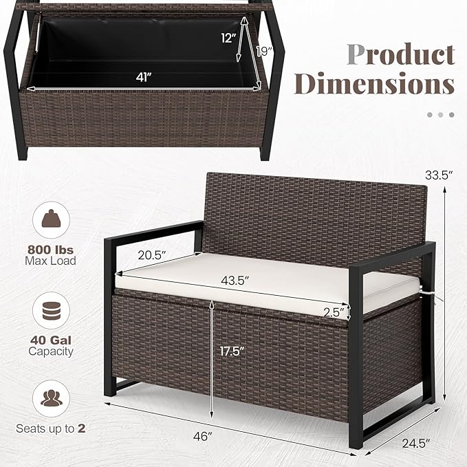 Tangkula 40 Gallon Outdoor Bench with Storage, Patio Wicker Storage Bench with Cushion, Cover, Metal Frame, Deck Box Seat for Backyard, Poolside, Balcony, Garden TANGKULA