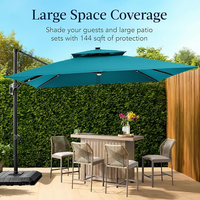 Best Choice Products 12x12ft LED Cantilever Patio Umbrella w/Base Included & 360° Rotation, Large Solar Offset Hanging Outdoor Sun Shade for Deck, Backyard Table w/Stand & Lights – Cerulean BestChoiceProducts