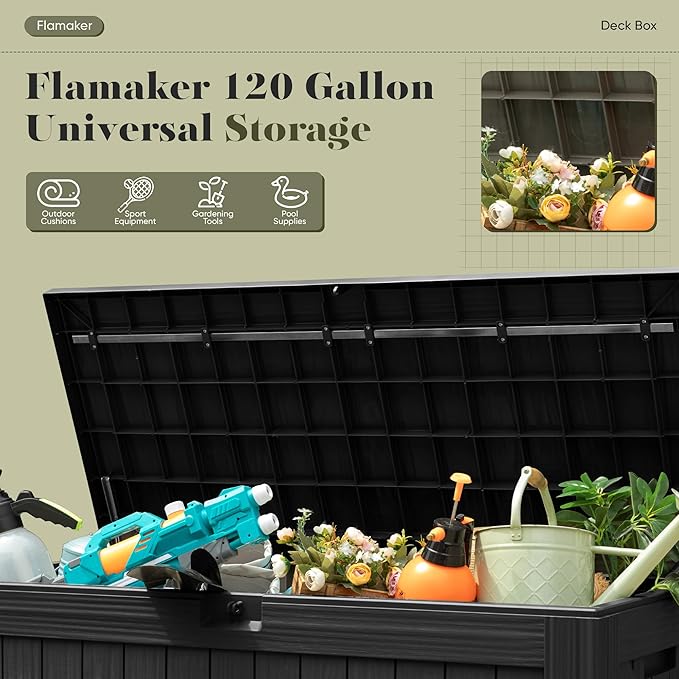 Flamaker Resin Deck Box 120 Gallon Waterproof Large Outdoor Indoor Storage Box Imitation Wood Resin for Patio Furniture Garden Tools and Pool (Black) Flamaker