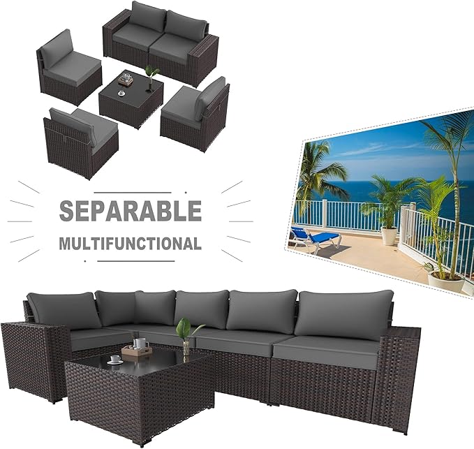 Kullavik 6PCS Outdoor Patio Furniture Set PE Wicker Rattan Sectional Sofa Patio Conversation Sets,Grey KULLAVIK