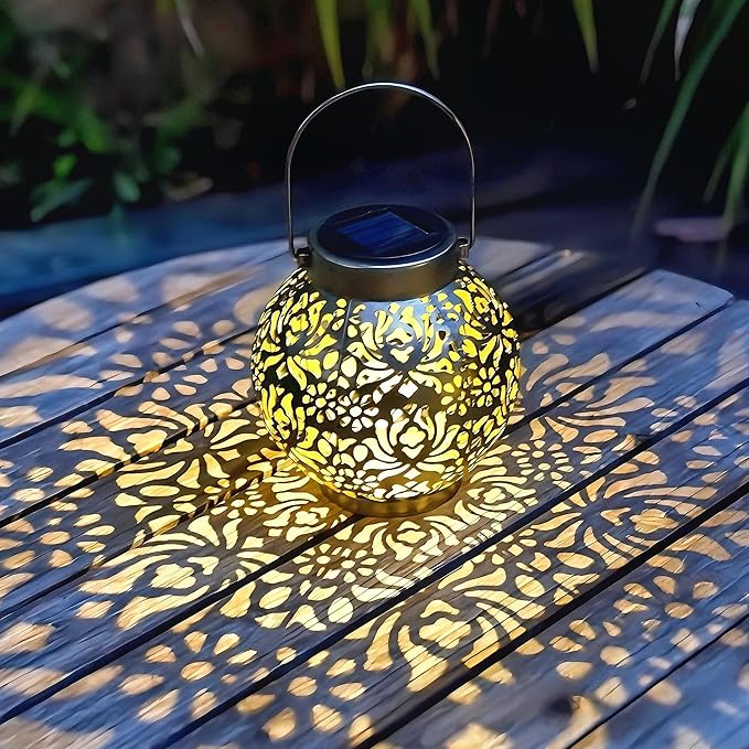 2 Pack Outdoor Solar Hanging Lantern Lights Metal LED Decorative Lamp for Garden Patio Courtyard Lawn and Table with Hollowed-Out Design (Antique Bronze) ExcMark
