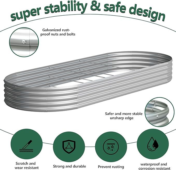 2PCS 12x4x1FT Galvanized Raised Garden Bed Kit,Vegetable Boxes-Oval Metal Flower Box,Large Planter Raised Beds Outdoor Garden for Planting,Fruit,Herb-Silver Yortrek