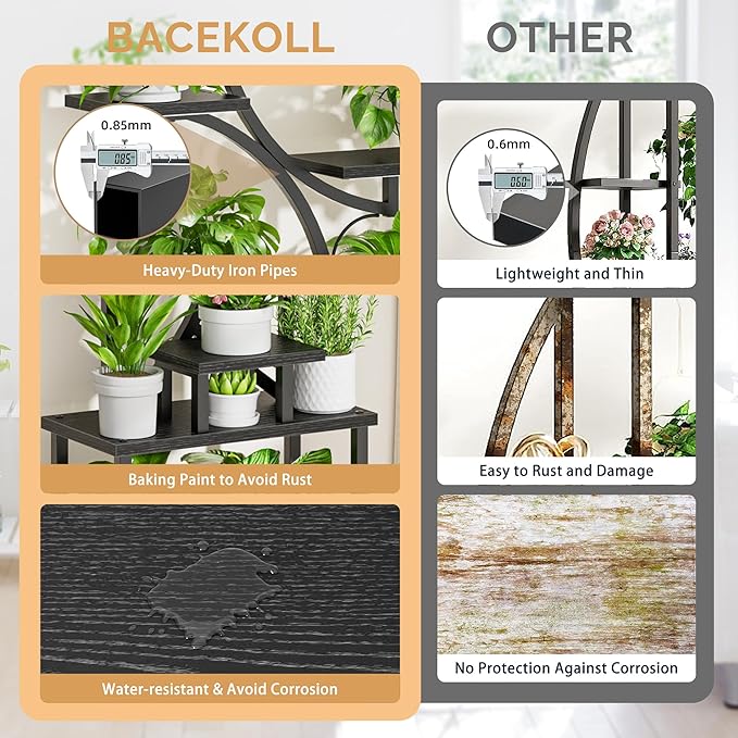 Plant Stand Indoor with Grow Lights - 62" Tall Plant Shelf, Lighted Corner Plant Stands for Indoor Growing, 8 Tiered Large Flower Holder, S-Shaped Plants Rack for Living Room, Patent Design, Black BACEKOLL