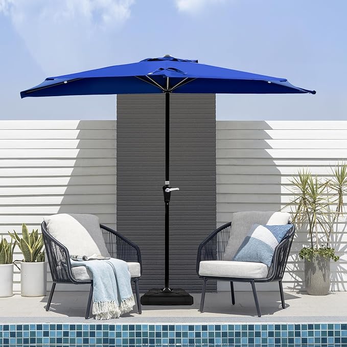 OLIXIS Half 9Ft Umbrella Outdoor Patio, Scalloped Patio Umbrella with Easy Crank, Sun Half Patio Umbrella for Balcony, Market, Garden, Blue OLIXIS