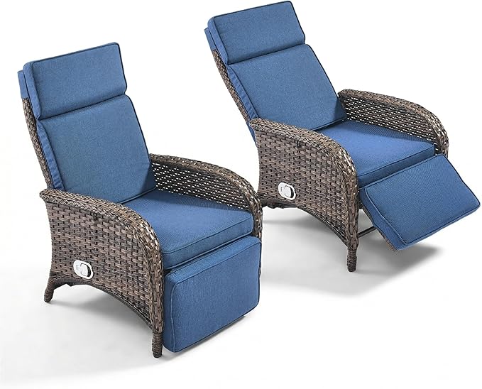 Zero Gravity Wicker Patio Recliner Chairs Set of 2 - Wicker Outdoor Lounge Chair with Adjustable Backrest & Footrest, All Weather Outdoor Reclining Chairs with Thick Cushion for Pool Deck Blue JelwalyPatioFurnitureSet
