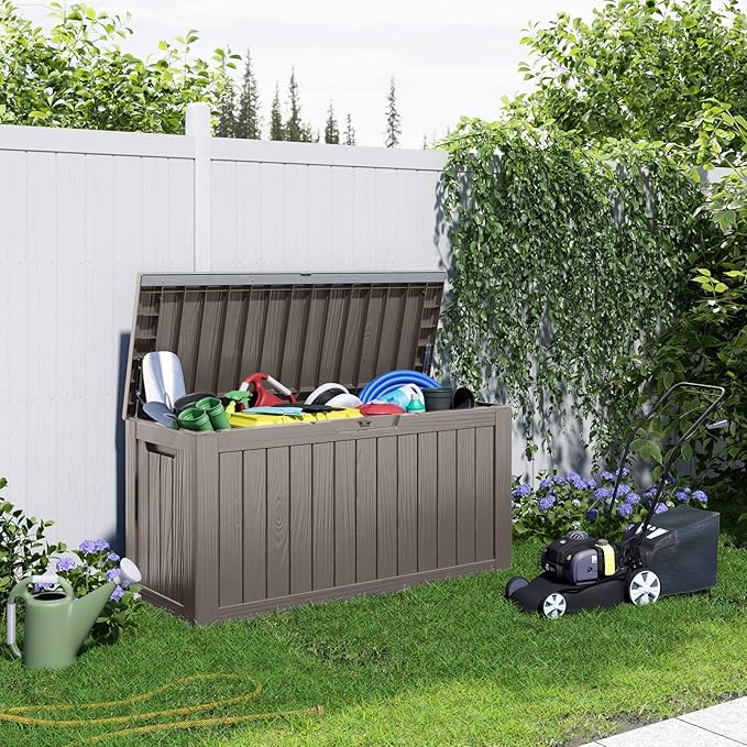 90 Gallon Resin Deck Box, Lockable Patio Outdoor Storage Box for Furniture, Garden Tools and Tools Storage, Waterproof Outside Storage Boxes - Grey OutdoorLivingPerfected