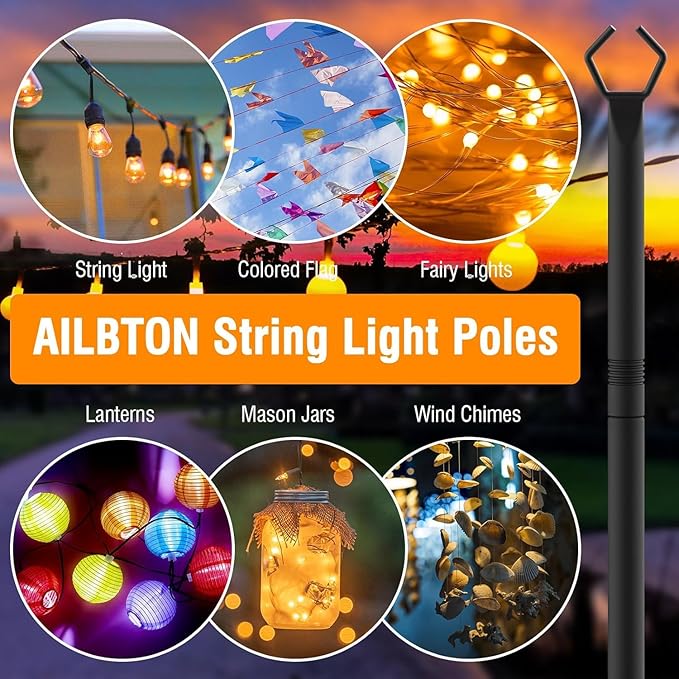 AILBTON 10 Pack 10Ft String Light Poles,Light Poles for Outside String Lights,Outdoor Light Poles with Fork,Metal Pole Stand for Patio,Backyard,Deck AILBTON