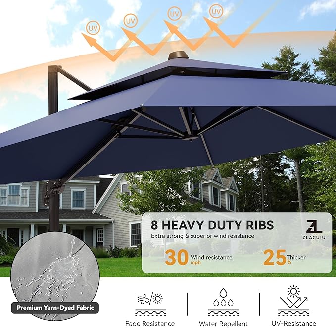 9x12FT Navy Blue Cantilever Outdoor Patio Umbrella with Base, Large Rectangular Offset Design, Double Top Heavy Duty Aluminum Frame & 360° Rotation for Pool Garden Deck Backyard ZLACUIU