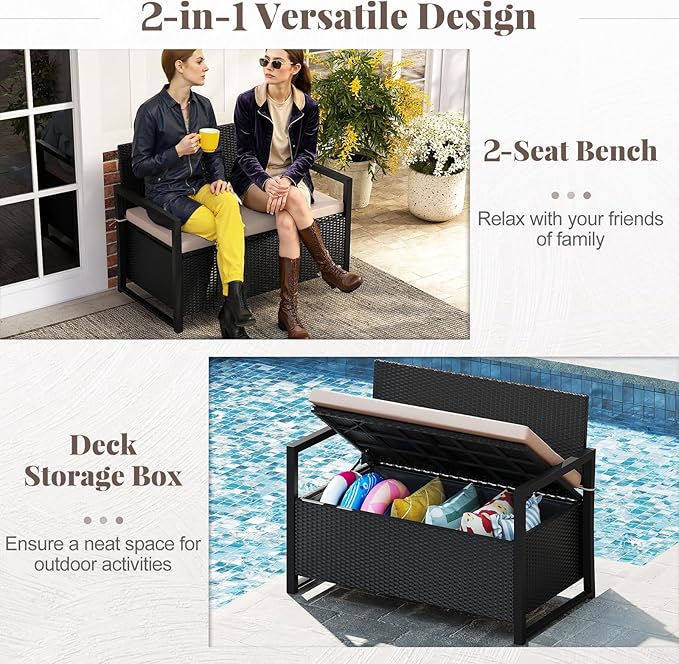 RELAX4LIFE Wicker Outdoor Bench with Storage - Rattan Deck Box w/Protective Liner for Pillows, Pool Supplies, Garden Tools, Patio Loveseat with Seat Cushion & Metal Armrests for Backyard Porch Balcony RELAX4LIFE