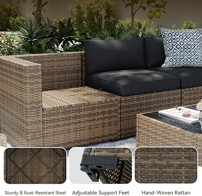 Aoxun Patio Furniture Sets, 15-Piece Outdoor Patio Furniture with 44'' Propane Gas Firepit Table, Wicker Outdoor Conversation Set Sectional Sofa for Backyard, Poolside, Garden Aoxun