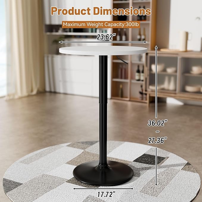 Flamaker Round Bistro Pub Table 23.6 Inch Height Adjustable 360° Swivel Bar Table Metal Base for Pub, Dining Room, Party (1, White-Black) Flamaker
