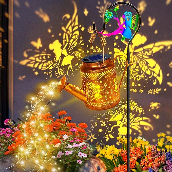 Solar Lanterns Outdoor Waterproof,Metal Watering Can Garden Decor,Fairy Hanging Solar Path Lights Yard Art,Outside Patio Decorations Gardening Christmas Gifts for Mom Grandma Women（with Shepherd Hook） YJFWAL