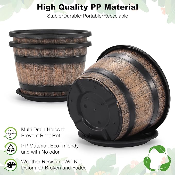 Quarut Large Plastic 3 Pack16 inch Plant Pots,Whiskey Barrel Planters with Drainage Holes & Saucer.Flower Pots Imitation Wine Barrel Design for Indoor & Outdoor Garden Balcony Plants.7 Gallons(Brown) Quarut