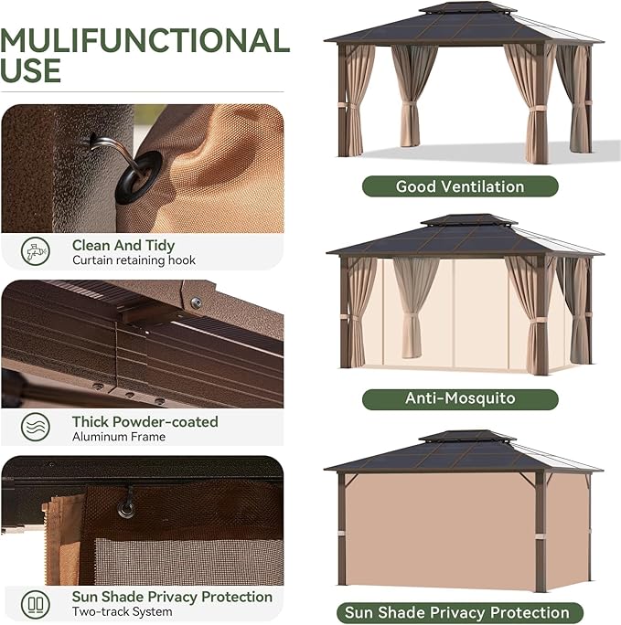 Aoxun 10'x12' Hardtop Gazebo, Aluminum Frame Permanent Pavilion with Netting and Curtains, Outdoor Polycarbonate Double Roof Canopy with Ceiling Fan, Designed for Lawn, Garden, Patio, Brown Aoxun