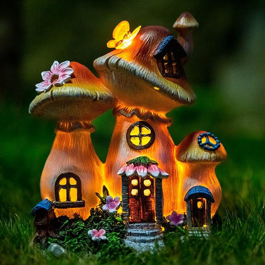 Solar Garden Statue Lights Mushroom Mothers Day Decorations Fairy House Figurine Lights, Outdoor Memorial Garden Ornaments Waterproof Decoration for Outside Patio Yard Lawn Decor Candieslife