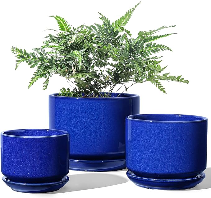 LE TAUCI Ceramic Plant Pots, 4.3+5.3+6.8 inch, Set of 3, Planters with Drainage Hole and Saucer, Indoor Flower Pot with Hole Mesh Pad, Gifts for Mom, Sapphire Blue LETAUCI