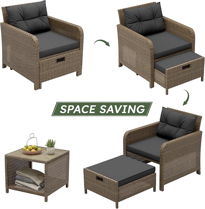 LHBcraft Balcony Furniture 5 Piece Patio Conversation Set, PE Wicker Rattan Outdoor Lounge Chairs with Soft Cushions 2 Ottoman-Glass Table for Porch LHBcraft-US