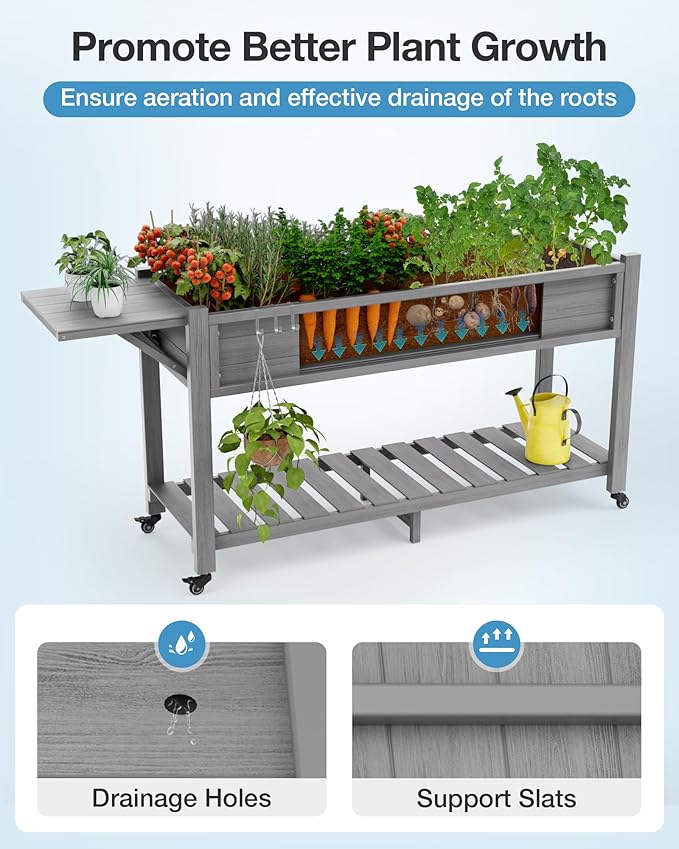 YEFU Raised Garden Bed with Legs: 57x18x30in Elevated Poly Planter with Wheels,Waterproof Mobile Raised Bed Garden, Elevated Planter Box Stand with Storage Shelf,for Deck,Patio,Porch,Yard (Grey,2pcs) YEFU