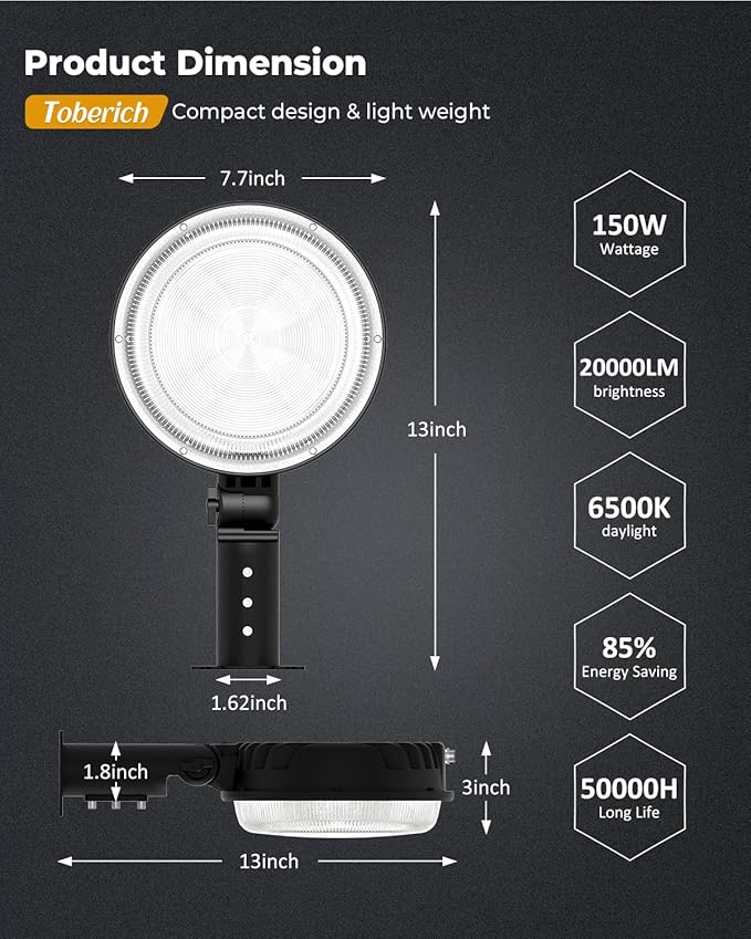 LED Barn Light 4 Packs, 150W 20000LM Yard Area Lights Dusk to Dawn Outdoor Lighting with Upgraded Photocell 6500K Adjustable Angle Daylight IP66 Waterproof Street Lights for Farmhouse/Garage ToberichUltraBrightLight