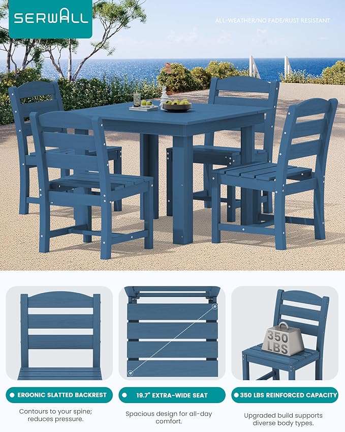 SERWALL Outdoor Dining Set for 4, HDPE Square Table and Chairs Set All Weather Patio Dining Set with 4 Armless Chairs for Patio, Blue SERWALL